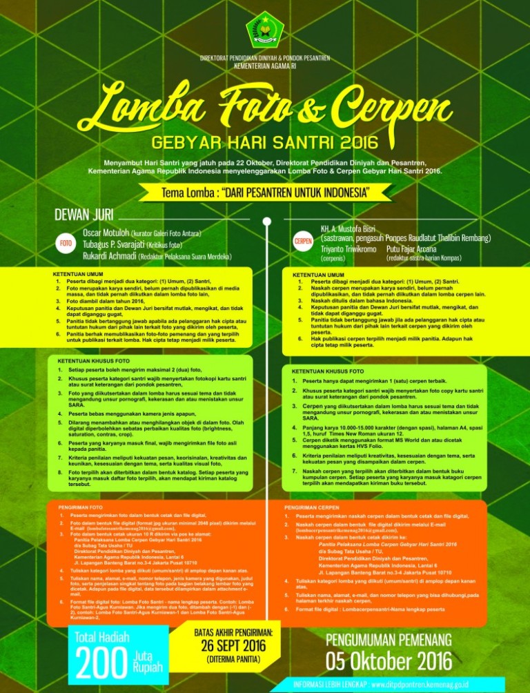 Lomba Foto dan Cerpen Gebyar Hari Santri 2016 Berhadiah Total Rp 200 Juta