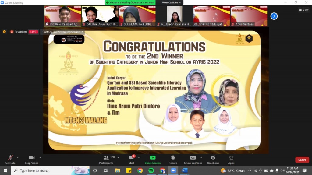 MTsN 3 Malang Research Team Won the 2nd Winner of Scientific Category in Junior High School on AYRIS 2022