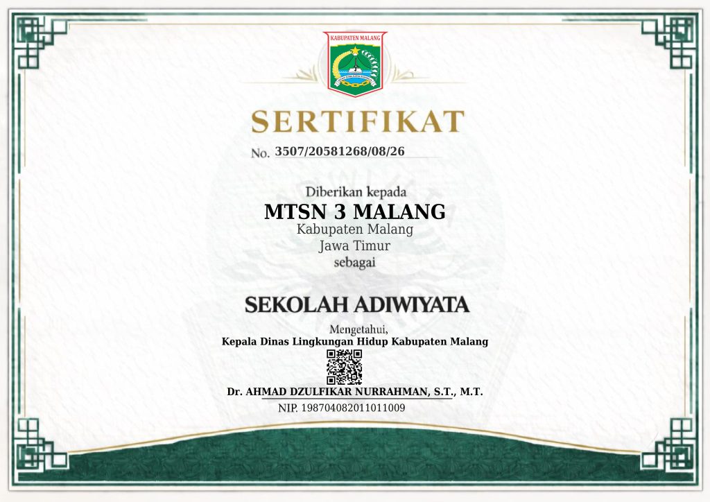 MTsN 3 Malang Resmi Meraih Penghargaan Sekolah Adiwiyata Kabupaten Malang