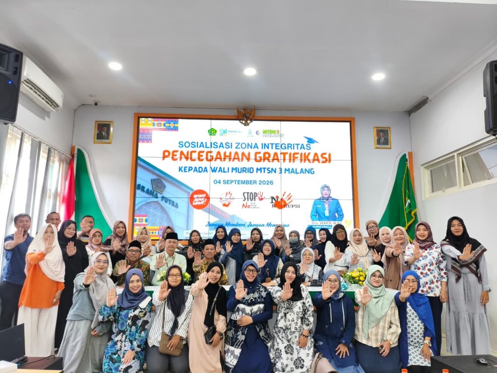 Wujudkan Tata Kelola Clean and Governance, MTsN 3 Malang Gelar Sosialisasi Zona Integritas dan Pencegahan Gratifikasi Bersama Pengurus POS